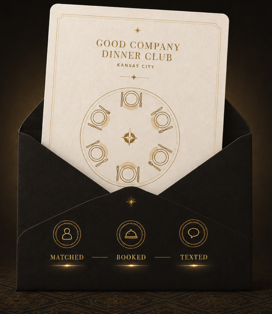 Cream Good Company Dinner Club invitation rising from a black envelope, with a table set for six and the steps matched, booked, and texted